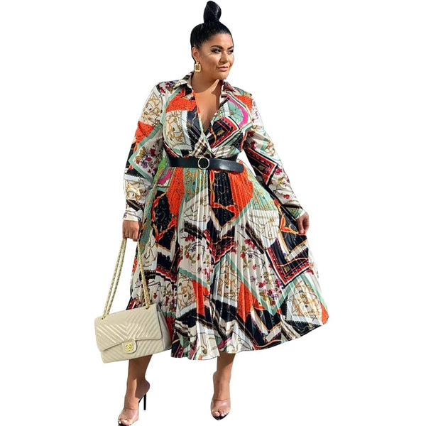 Plus Size Pleated Bohemian Belted Long Sleeve Dress