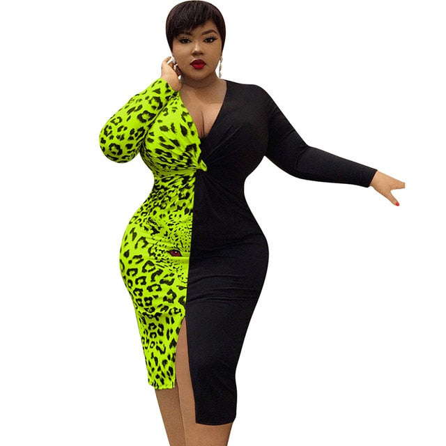 Plus Size V-Neck Leopard Print Split Dress