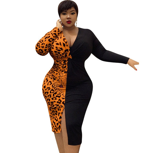 Plus Size V-Neck Leopard Print Split Dress