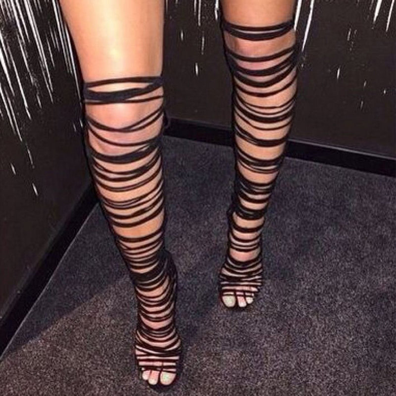 Knee Height Lace Up Gladiator Roman Stilettos Sandals