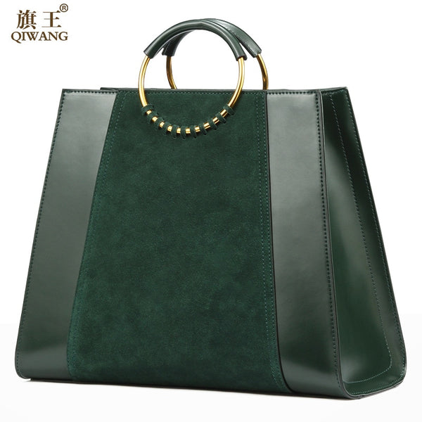 GENUINE LEATHER SUEDE TOTE HANDBAG