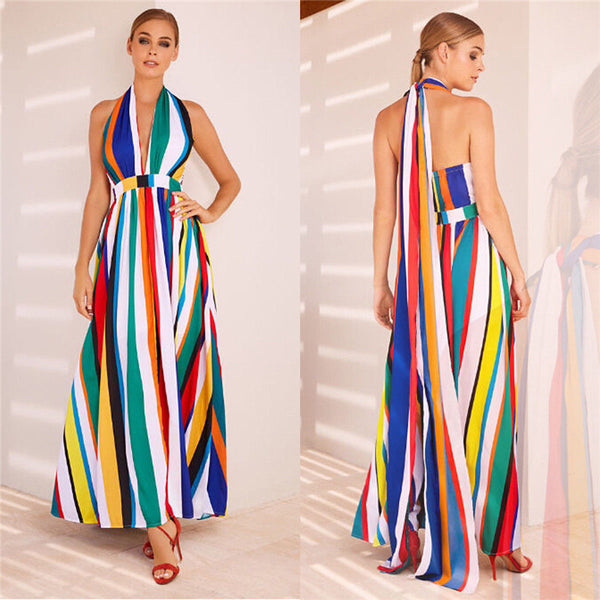 Boho Halter Top Multi Color Maxi Dress