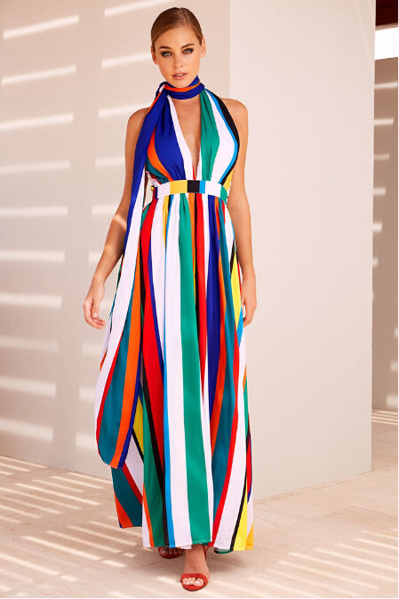 Boho Halter Top Multi Color Maxi Dress