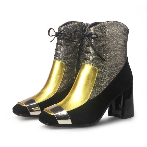METALLIC COLOR BLOCK ANKLE LEATHER BOOTS  SHOES
