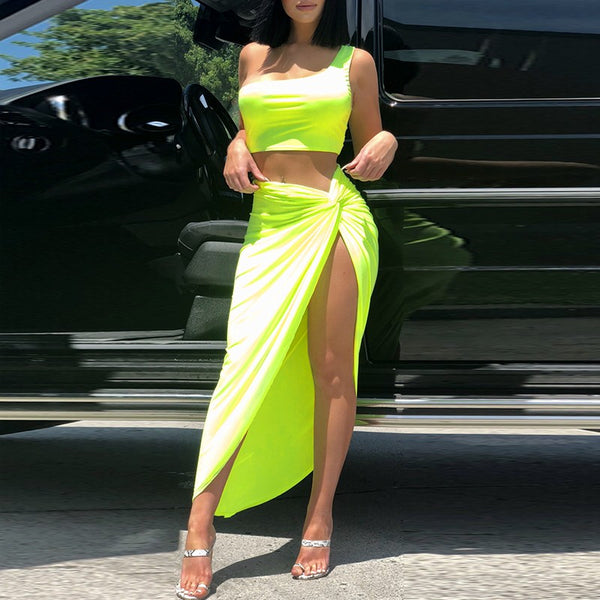 One Shoulder High Split  Skirt Two Piece Set