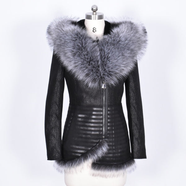 Fur Collar Faux Leather Coat
