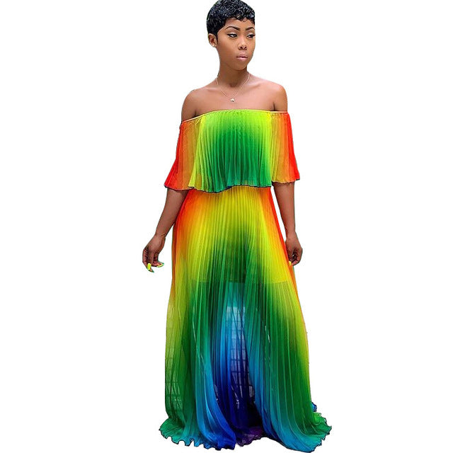 Tie Dye Chiffon Off Shoulder Pleated Maxi Dress