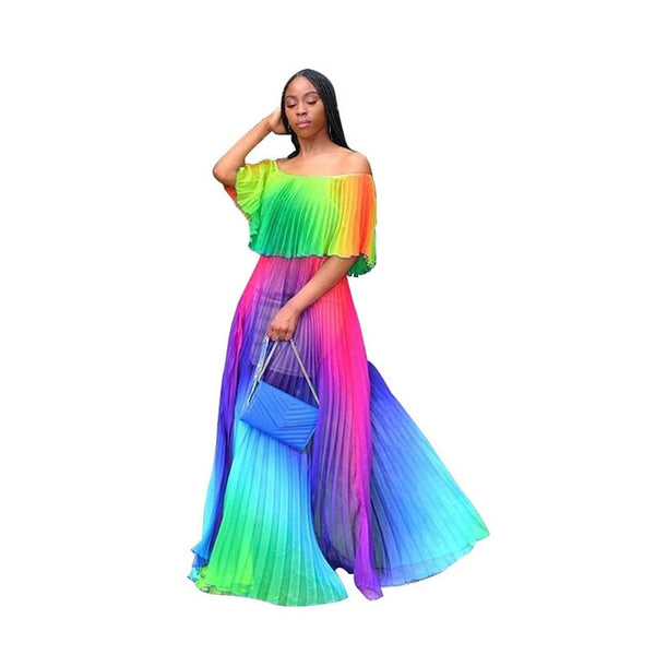 Tie Dye Chiffon Off Shoulder Pleated Maxi Dress