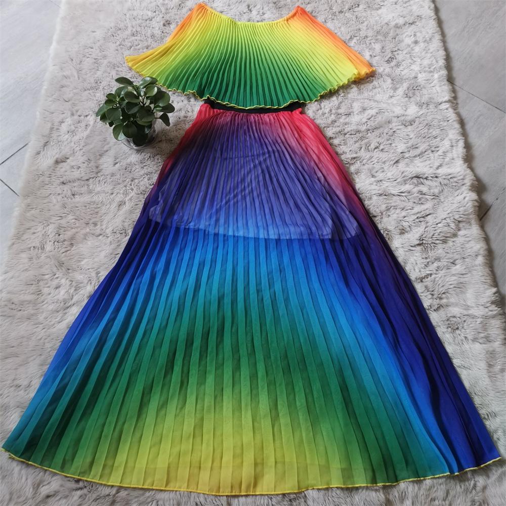 Tie Dye Chiffon Off Shoulder Pleated Maxi Dress